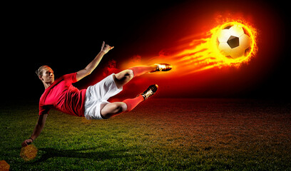 Football player kicks fire ball, 3d rendering - obrazy, fototapety, plakaty