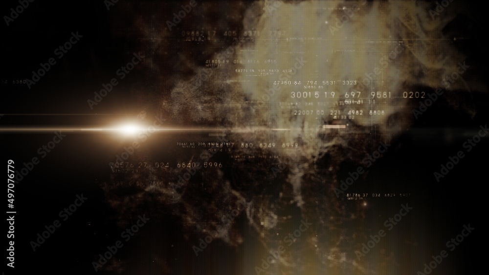 Aufkleber Futuristic abstract de-focus flowing data matrix, telemetry and encrypt numbers display with particles simulation for head up display in cyber space environment background