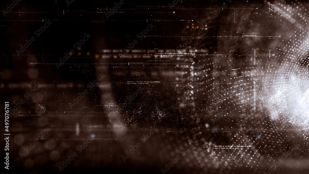 Aufkleber Futuristic abstract de-focus flowing data matrix, telemetry and encrypt numbers display with particles simulation for head up display in cyber space environment background