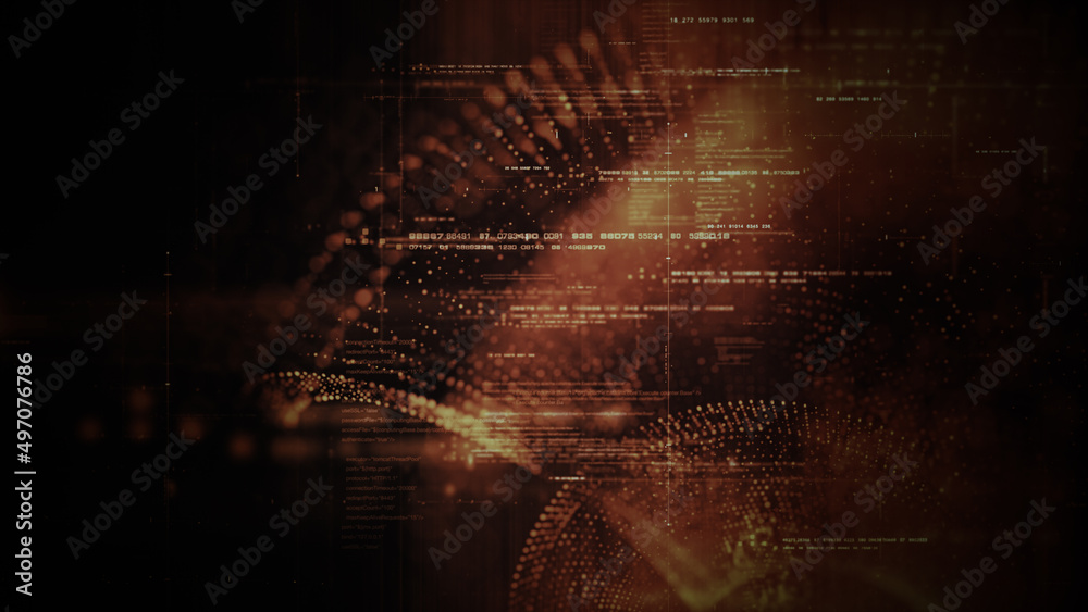 Aufkleber Futuristic abstract de-focus flowing data matrix, telemetry and encrypt numbers display with particles simulation for head up display in cyber space environment background