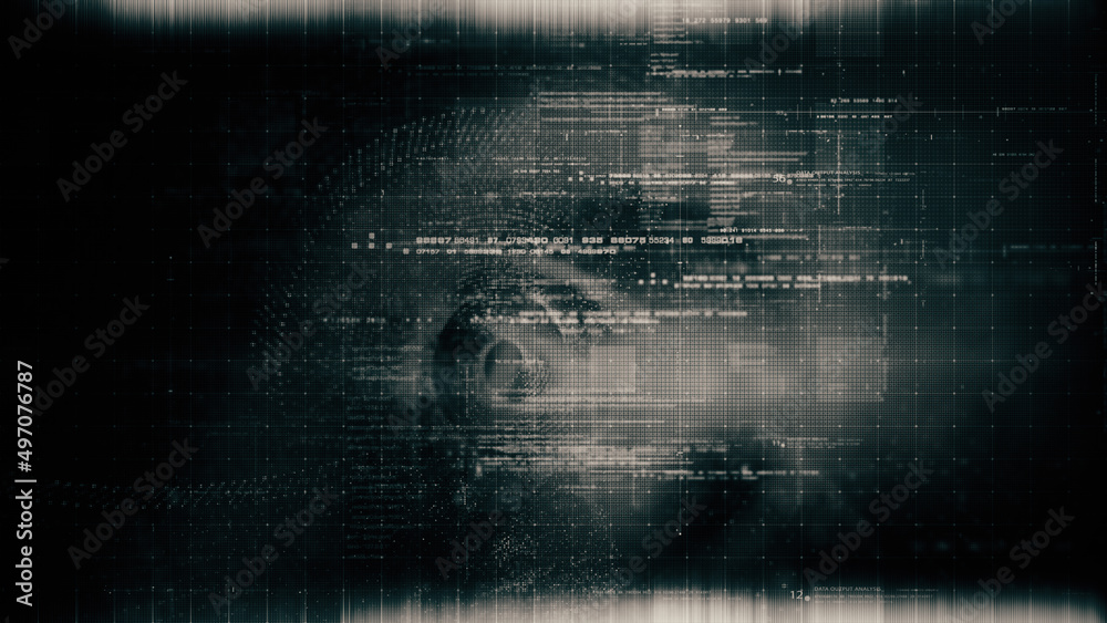 Aufkleber Futuristic abstract de-focus flowing data matrix, telemetry and encrypt numbers display with particles simulation for head up display in cyber space environment background
