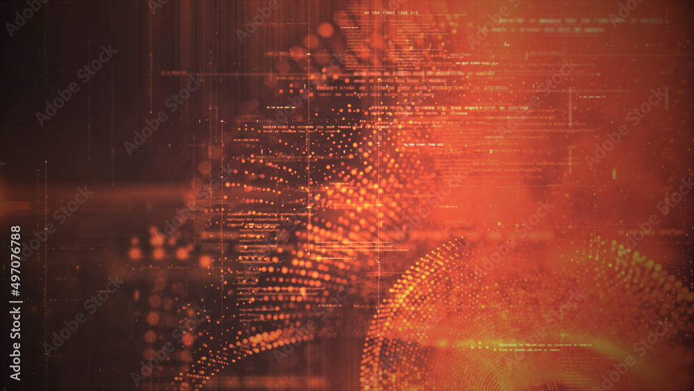 Aufkleber Futuristic abstract de-focus flowing data matrix, telemetry and encrypt numbers display with particles simulation for head up display in cyber space environment background
