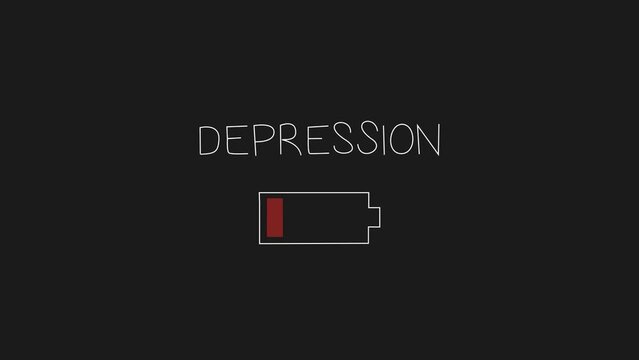 Self Drawing animation A thin white line writes the word Depression and draws a dead battery on a black background