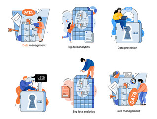 Big data analytics platform, data management and protection creative metaphor set abstract concept. Data center room disk infrastructure business information safety. Technology Internet and network