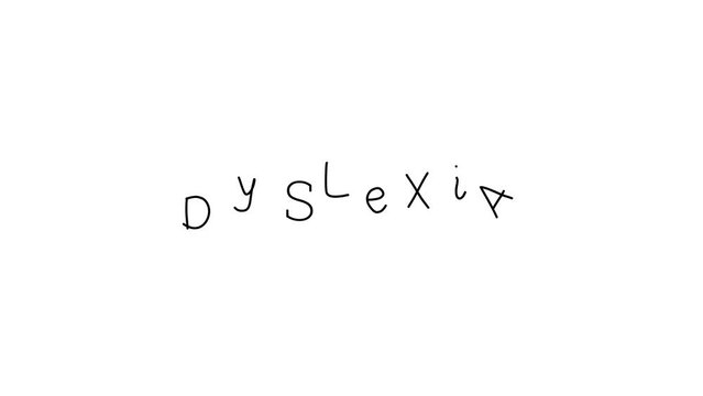 Motion graphic animation Different handwritten letters from the word Dyslexia gather in the center and interfere with concentration on a white background. Seamless video