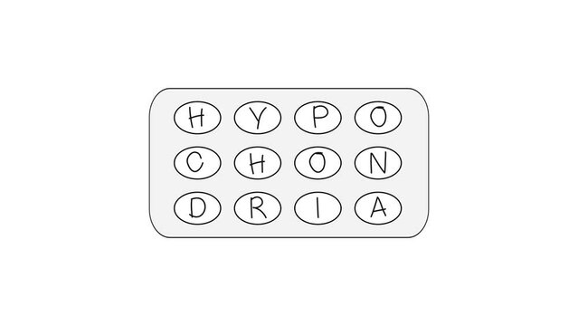 Self Drawing animation Black line drawing of a blister with pills then letters appear from the word Hypochondria on a white background