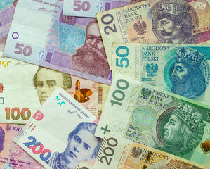 Paper money, Ukrainian hryvnia and Polish zloty. Currency exchange for refugees and emigrants from Ukraine.