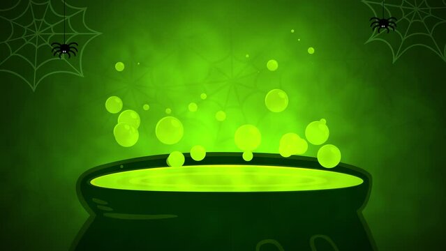 Green boiler of potion with spider web, motion horror, mystical and Halloween style background