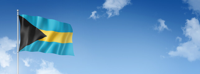 Bahamian flag isolated on a blue sky. Horizontal banner