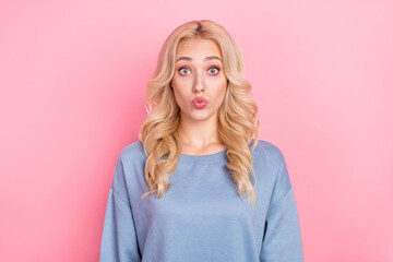Obraz premium Photo of young pretty lady pouted lips cosmetology procedure romance isolated over pink color background