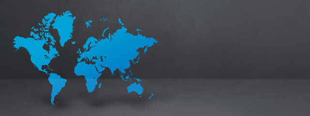 Blue world map on black concrete wall background. 3D illustration. Horizontal banner