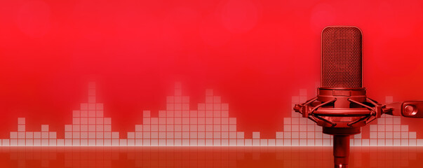 Studio podcast microphone or radio broadcast microphone on red background with audio waveform and copy space for website header