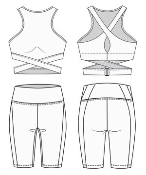 Girls Sports Bra and Cycling shorts fashion flat  sketch template. Women Active wear Crop top and Leggings technical fashion illustration. Front and back view. Outline fashion technical sketch set.