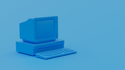 3d illustration of an old computer, blue color, 3d rendering