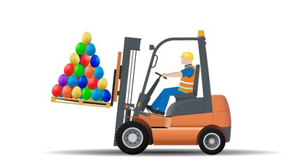 Happy Easter. A forklift driver is carrying a tray of colorful Easter eggs for the holiday.