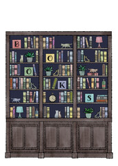 アンティークな本やオブジェ・観葉植物が並んだ大きな本棚の、クラシカルな色合いの手描き水彩イラスト