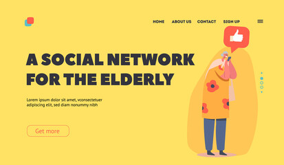 Grandmother Speak by Mobile Phone Landing Page Template. Elderly Woman Communicate in Social Networks