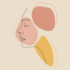 Portrait. A woman's face and colored spots. A continuous line of a portrait of a girl. Continuous drawing in one line. Vector illustration in a simple modern style.