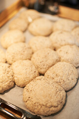 Baked to perfection. Cropped view of a tray of freshly baked pita bread.