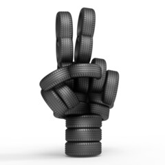 Victory sign with vehicle tire, 3d rendering - obrazy, fototapety, plakaty