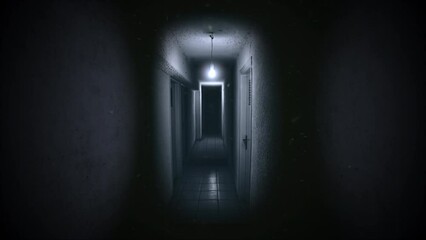 Mystical dark hall of hotel with flash light, motion horror, mystical and Halloween style background