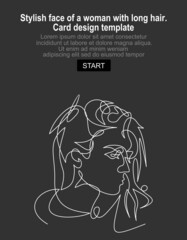 Stylish face of a woman with long hair. Card design template.Continuous line drawing of Portrait of a Beautiful Woman's face.