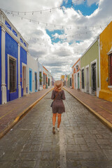Female Tourist Walking along Streets of Campeche City in Mexico