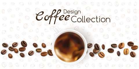 Coffee cup with coffee beans border on the white background.