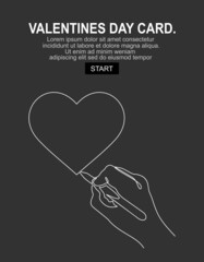 valentines day card, hand holding heart. line vector drawing.