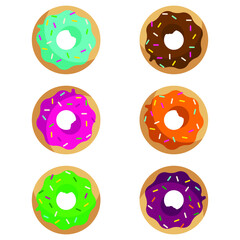 Obraz premium Six cartoon colorful donuts. Top view donut collection. vector illustration in flat style.