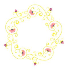 Gold filigree wreath with pink flowers. Watercolor round frame with scrolls.