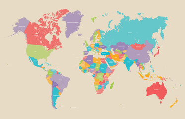World political earth map in retro color palette, vector illustration.