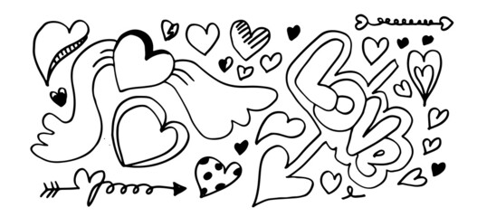 hand drawn doodles set for Valentine's Day. collection of beautiful hearts and writings Love on white background. Vector illustration.