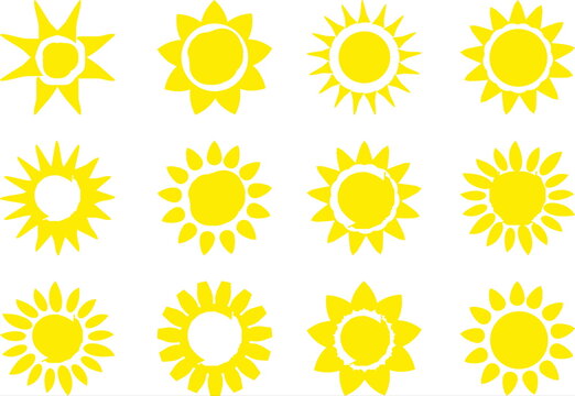 Sun silhouette icon and decorative pattern set
