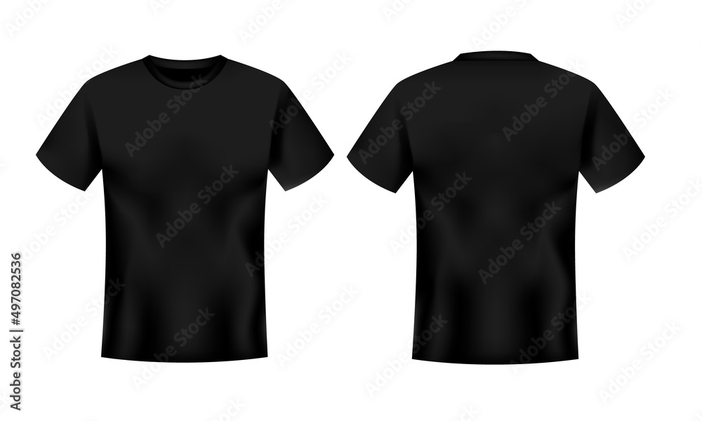 Poster Realistic Black Short Sleeve T-Shirt Template on White Background.Front and Back Views, Vector File.