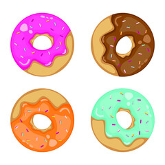 Obraz premium Set of cartoon colorful donuts. Top view donut collection. vector illustration in flat style.