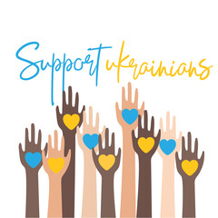 Multicultural hands in the air with Ukrainian flag and hearts. Support Ukraine concept. Vector flat illustration isolated on white background.
