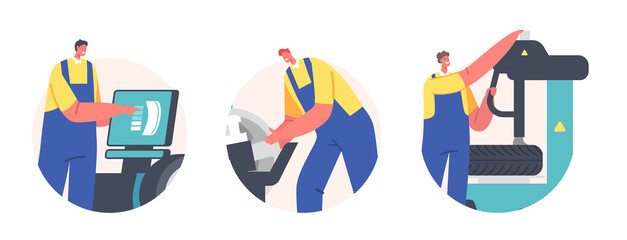 Workers Change Tires at Garage Isolated Round Icons or Avatars. Male Characters Wear Uniform Mount Tyres on Car