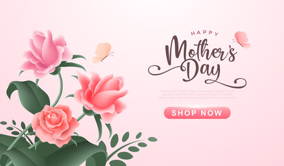 Happy Mother’s day with beautiful flowers on soft pink background. Vintage greeting or invitation card vector illustration design for mom day, valentine and wedding