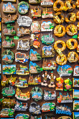 Colorful tourist souvenirs on a market in Krakow