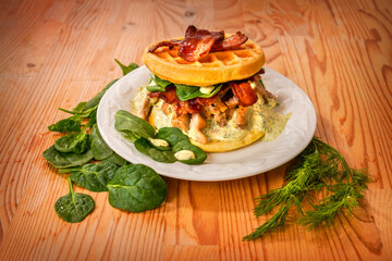 Chicken sandwich with keto pork rind meal waffles