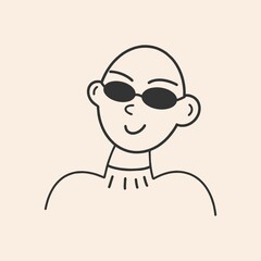 Vector illustration of a bald man in sunglasses. Black and white icon. Flat design, cartoon, vector illustration. All elements are isolated.