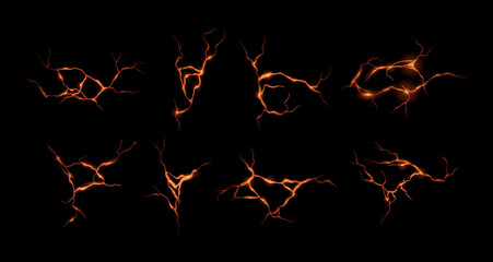 Ground cracks with orange lava light inside. Vector realistic set of volcano magma, thunderbolt, flaming cracks in the ground, neon fissure, earthquake. Top view. Land destruction texture. - obrazy, fototapety, plakaty