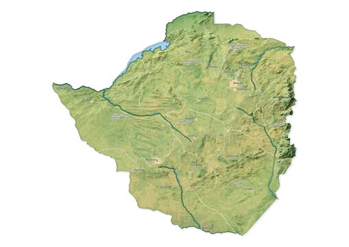 Isolated map of Zimbabwe with capital, national borders, important cities, rivers,lakes. Detailed map of Zimbabwe suitable for large size prints and digital editing.