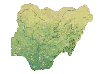 Isolated map of Nigeria with capital, national borders, important cities, rivers,lakes. Detailed map of Nigeria suitable for large size prints and digital editing.