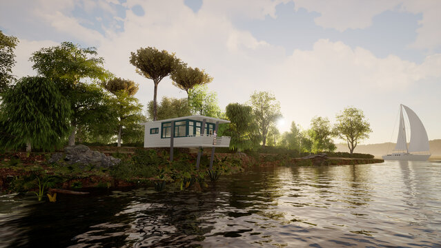 House by the river. Eco-house in nature. 
Sunrise on the river. Modern housing in the forest. 
  Architectural 3d project.