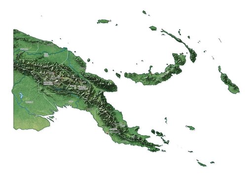 Isolated map of Papua New Guinea with capital, national borders, important cities, rivers,lakes. Detailed map of Papua New Guinea suitable for large size prints and digital editing.