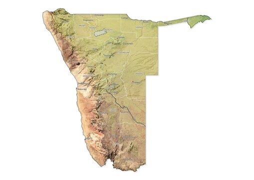 Isolated map of Namibia with capital, national borders, important cities, rivers,lakes. Detailed map of Namibia suitable for large size prints and digital editing.