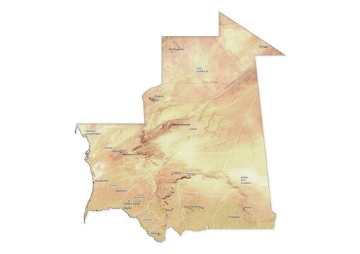 Isolated map of Mauritania with capital, national borders, important cities, rivers,lakes. Detailed map of Mauritania suitable for large size prints and digital editing.