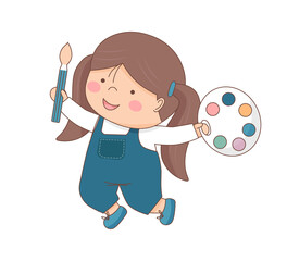 Schoolgirl with paints - back to school concept